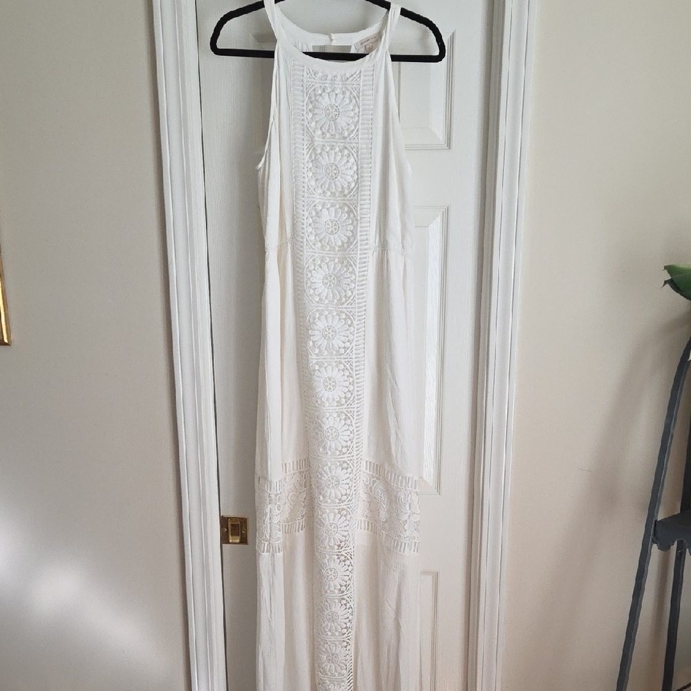 Skies Are Blue White Kinsey Crochet Halter Maxi Dress